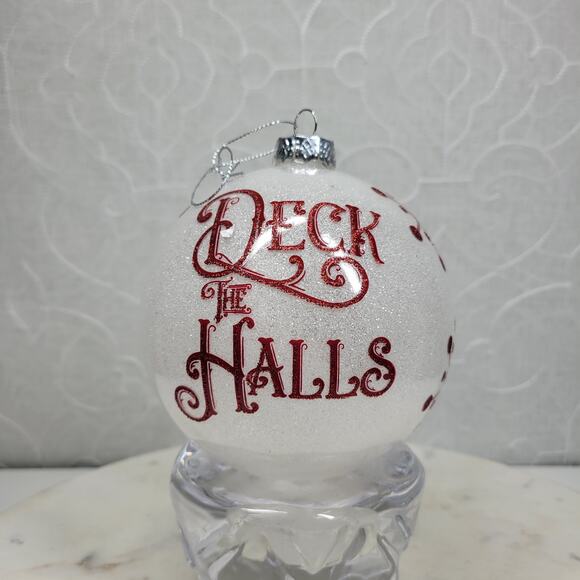 Vintage Deck the Halls Ornament 4.5” Red Glitter Script Handmade Glass - Picture 3 of 16